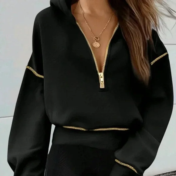 Black Casual Women's Zip-Up Dropped Shoulder Long Sleeve Cropped Sweatshirt - Picture 2 of 6